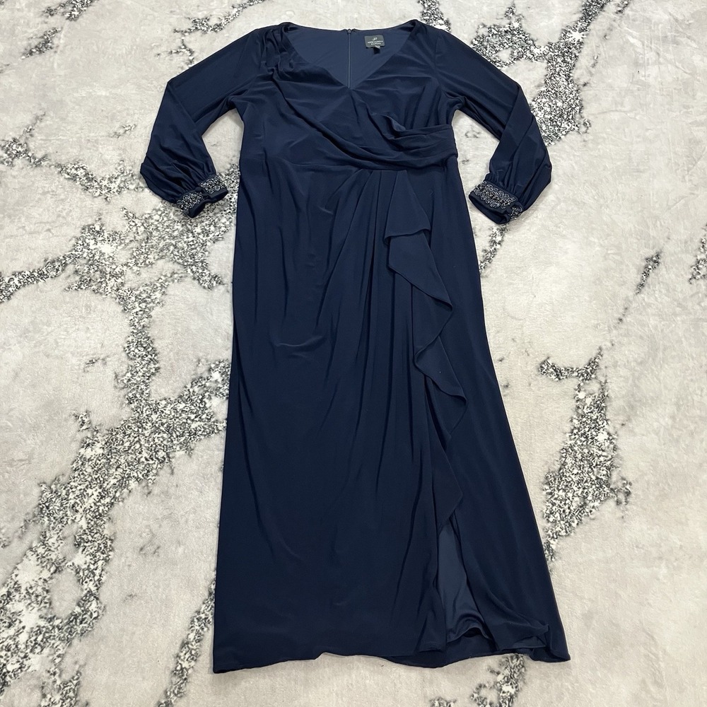 Adrianna Papell Navy Beaded Cuff Faux Wrap Gown Formal Evening Dress Size 18W